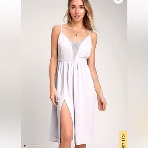 Lulu’s Melena Lavender Lace Backless Midi Dress